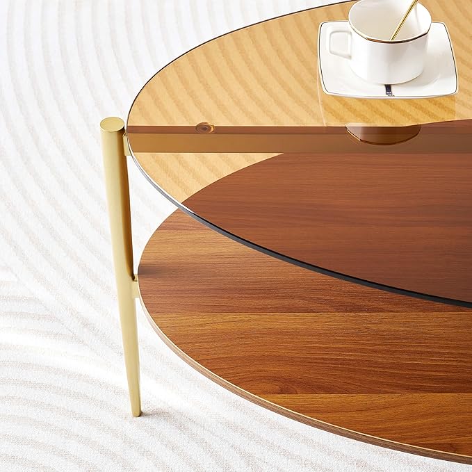 Oval Glass Coffee Table, Mid-Century Modern Design, L43 x W22 x H17 inch, 2-Tier Structure, Olive Shaped Amber Glass Top and Walnut Finish Wood Shelf, Tapered Legs with Gold Finish Frame