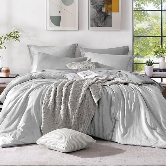 Monbix Queen Comforter Set - 7 Pieces Cationic Dyeing Light Grey Bed in a Bag Queen Bedding Sets with Comforter, Sheets, Pillowcases & Shams, Reversible Bedding Comforters Sets