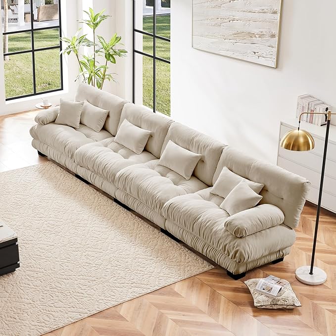 Modular Sectional Sofa Cloud Couch 4-Seater Deep Seat Sofa Couch, Oversized Couch Bed Sectional Couch with Round Bolster Armrests 6 Pillows, Modern Sofa Chair Comfy Couch