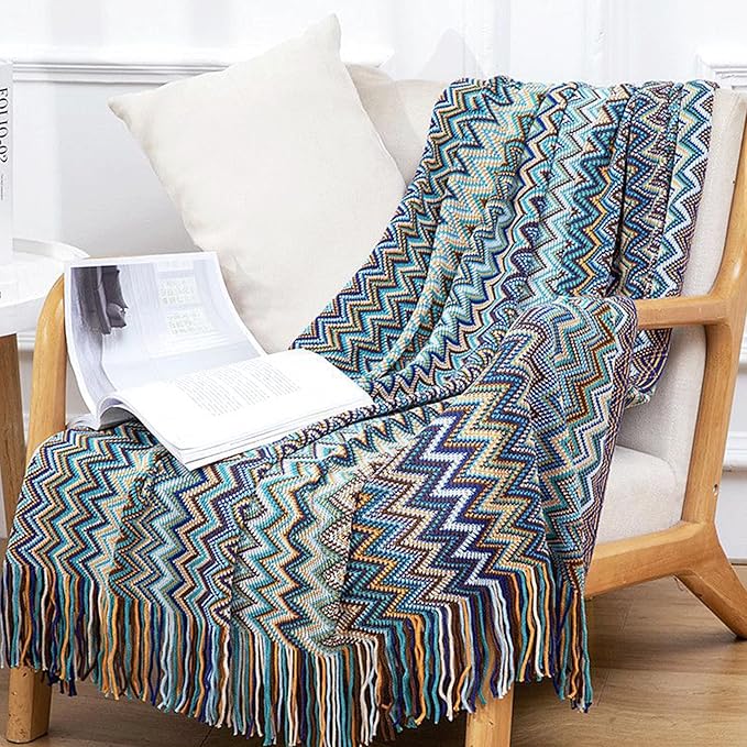 Boho Throw Blanket - Bohemian Fringe Tassels, for Bed Couch Soft ChairBlanket Double Sided (50"x70") (Blue)