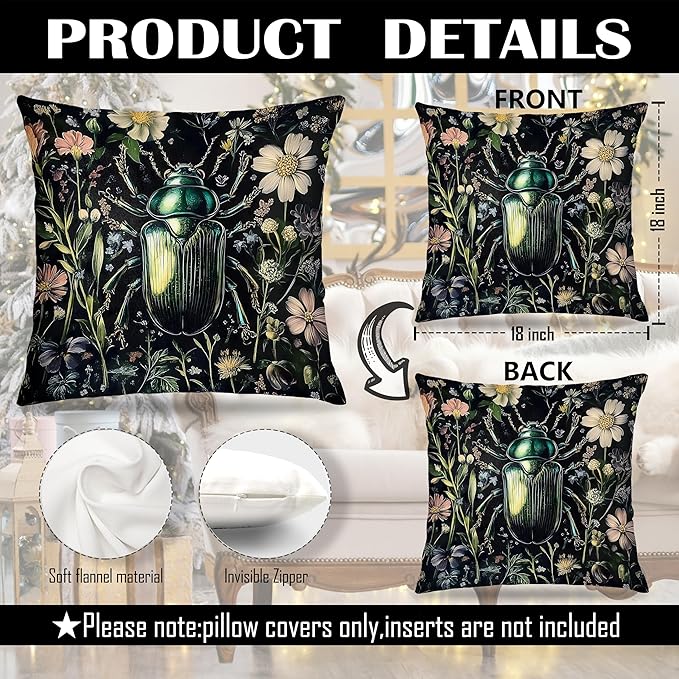 William Morris Inspired Floral Green Beetle Pillow Covers 18x18, Dark Cottagecore Botanical Wildflower Insect Decorative Throw Pillow Covers for Bedroom Living Room Home, Cottagecore Room Decor