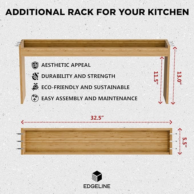 Edgecrest Bamboo Over The Stove or Sink Modern Spice Shelf, No Annoying Middle Screw, 31.5โ Wide Storage, 11.4โ High Countertop Shelf, 6 Side Hooks, Easy to Assemble, Eco-Friendly Durable Material