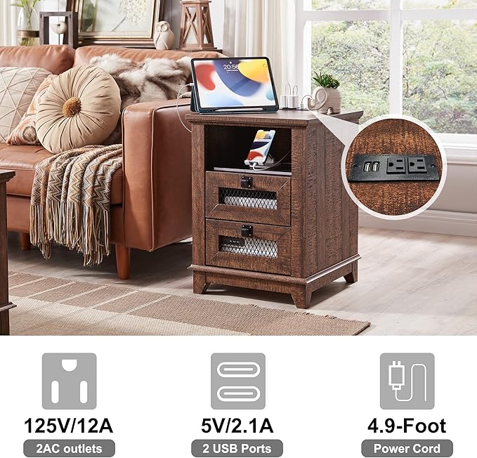 Nightstand with Charging Station,OKD 18'' Industrial & Farmhouse End Table with 2 Drawers &Open Cubby, Rustic Mesh Drawer Sofa Side Table w/Storage for Bedroom, Living Room, Office, Reclaimed Barnwood