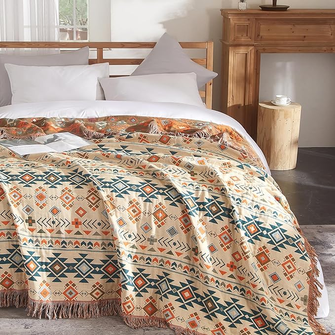 Boho Throw Blanket for Couch Sofa Bed, 100% Cotton Woven Quilt with Tassel 90”x98”, Super Soft Muslin Blanket with Patchwork Printed, Decorative Reversible Bed Blanket/Cover for All Seasons