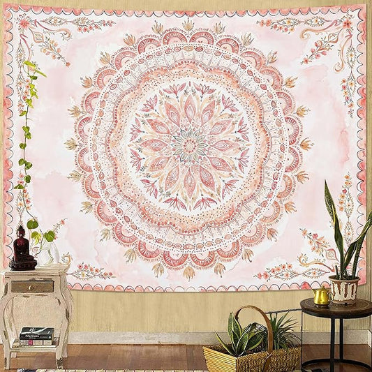 Fowocu Boho Floral Mandala Tapestry Wall Hanging Pink Bohemian Flower Medallion Tapestry Aesthetic Watercolor Hippie Indian Small Tapestries for Bedroom Living Room Dorm Decor 60 x 44 Inch