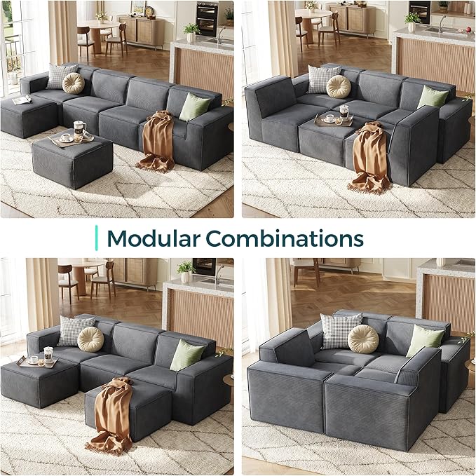 LINSY HOME Modular Sectional Sofa, 134" Boneless Couch U Shaped 4-Seat Sofa with 2 Movable Ottomans, Corduroy Sectional Cloud Couches for Living Room, No Assembly Required, Bluish Grey