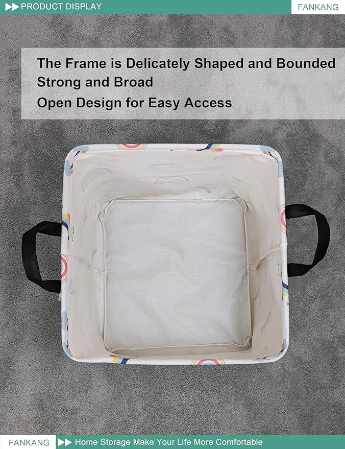 FANKANG Square Nursery Hamper Storage Bins Canvas Laundry Basket Foldable with Waterproof PE Coating Storage Baskets Gift Baskets for Children, Office, Bedroom, Clothes(Square-Love Rainbow )