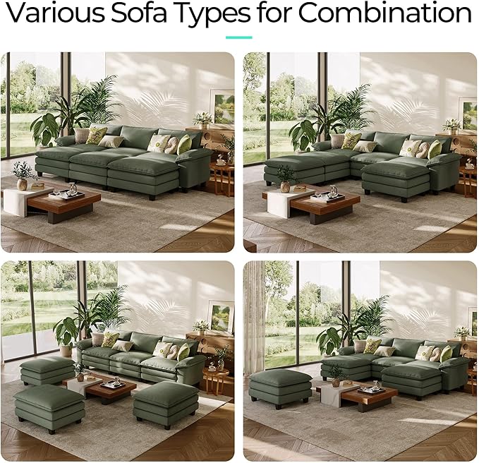 LINSY HOME Sectional Sleeper Sofa - 123'' Modular Cloud Couch Oversized Corduroy Sofa Bed with Movable Ottoman Soft Modern Comfy Couch for Living Room Apartment Office, Green