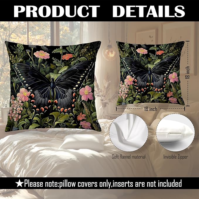 William Morris Inspired Butterfly and Beetle Pillow Covers 18x18 Set of 2, Dark Cottagecore Wildflower Botanical Insect Moth Decorative Throw Pillow Covers for Home Bedroom Living Room