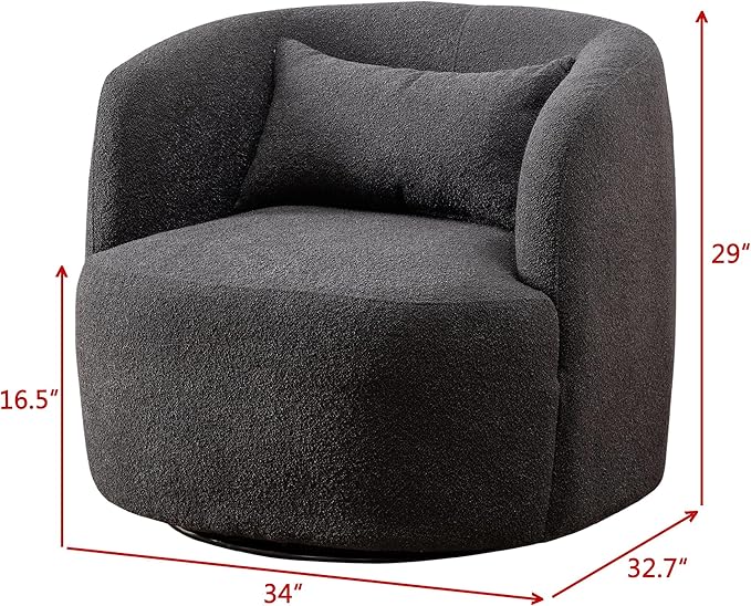 KINWELL 34" Wide Boucle Swivel Barrel Chair, No Assembly Round Upholstered Armchair Accent Chair Single Sofa Chair with Toss Pillow for Living Room and Bedroom, Dark Grey