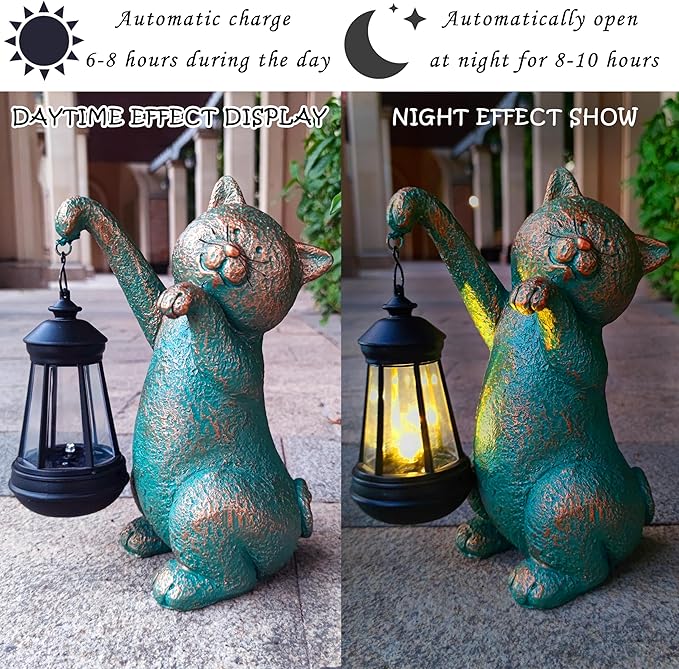 JOYBEE Garden Statues Cat with Solar Lantern Outdoor Decor-Cat Solar Figurines Lights Decorations for Patio Yard Lawn Ornaments-Gifts for Birthday Easter Housewarming