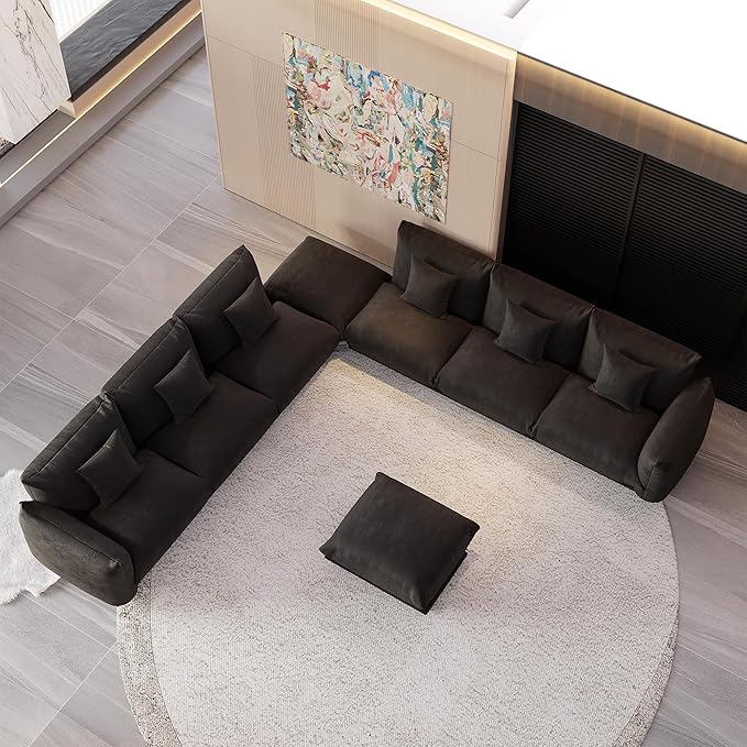 Modern Minimalist Chenille Modular Sectional Sofa, Oversized 8-Seater Sleeper Sofa with Movable Ottoman, Thick Cushions, Upholstered Couch for Living Room, Bedroom, Office, Apartment(Black,8-Seater)