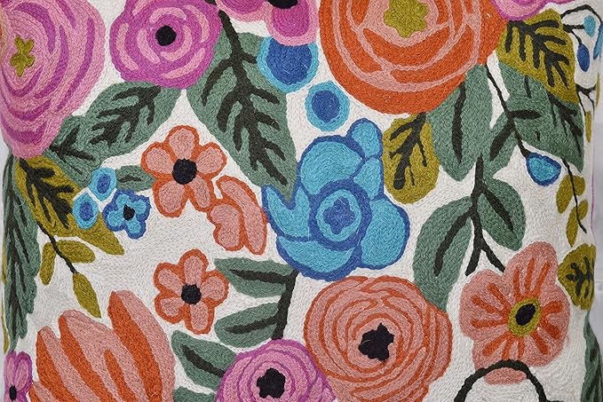 Roses Floral Pillow Cover Flower Farmhouse Chair Cushion Suzani Flowers Pillowcase Boho Florals Accent Throw Pillowsham Wool Hand Embroidered Size 18x18