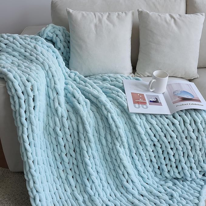 Maetoow Chenille Chunky Knit Blanket Throw (60×80 Inch), Handmade Warm & Cozy Blanket Couch, Bed, Home Decor, Soft Breathable Fleece Banket, Christmas Thick and Giant Yarn Throws, Baby Blue