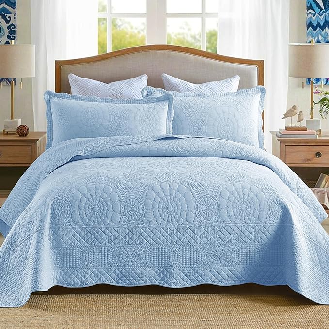 MarCielo 3-Piece 100% Cotton Oversized Bedspread Lightweight Quilt Coverlet Embroidery Farmhouse Bedding Set (Tf Light Blue, Oversized Queen (100"x106"))