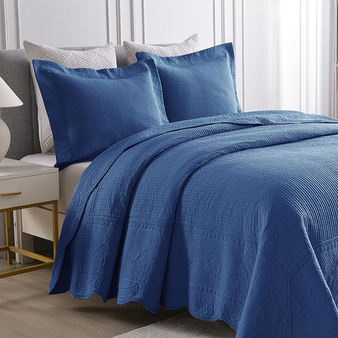 MarCielo 3-Piece 100% Cotton Oversized Bedspread Lightweight Quilt Coverlet Embroidery Farmhouse Bedding Set (TG Midtone Blue, Oversized King (118"x106"))