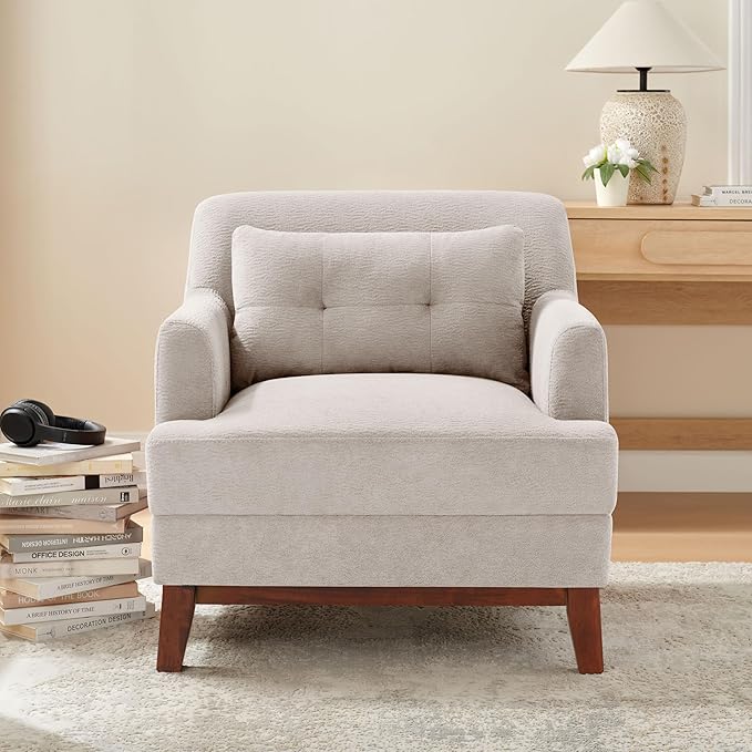 Modern Accent Chair with Terry Fabric, Upholstered Armchair with Spring Package Cushion & Solid Wood Frame, Comfy Lounge Chair for Living Room, Bedroom, or Reading Corner, Terry, Camel