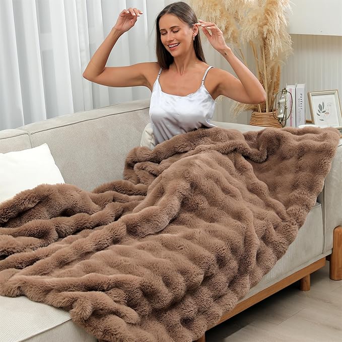 RYNGHIPY Faux Rabbit Fur Throw Blanket Ruched Plush Fuzzy Blanket for Couch Bed Sofa Heavy Warm Comfy Throws for Living Room Bedroom Machine Washable (Solid Brown, 51''x63'')