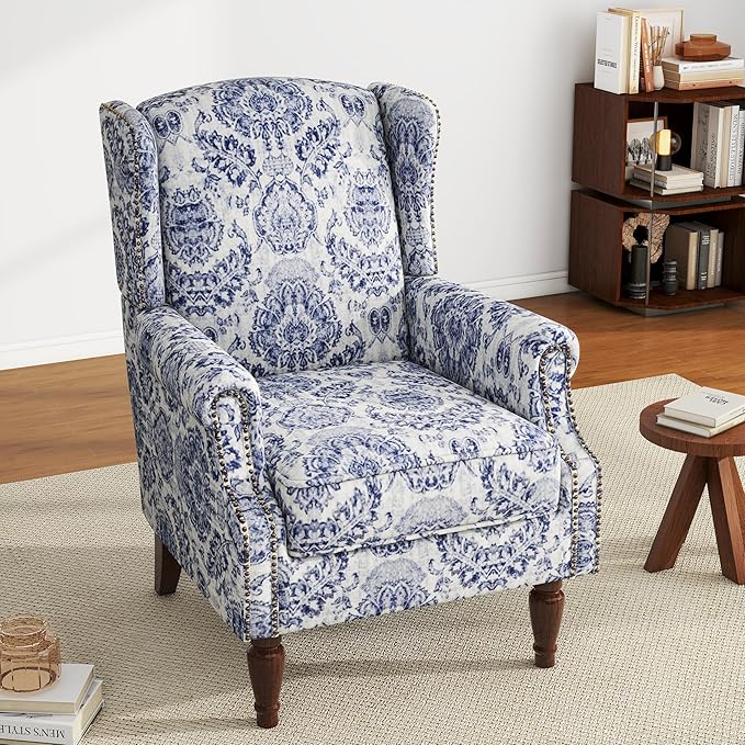 UIXE Floral Accent Chair, High Back Pattern Arm Chair for Living Room, Traditional Fabric Armchair Comfy Upholstered Sofa Reading Seat with Nailhead Trim & Retro Wood Legs - Navy