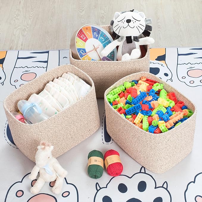 MINTWOOD Design 3-Pack Decorative Woven Storage Baskets for Shelves, Cube Bin Box for Organizing Books, Shoes, Dog Toys, Pantry Closet and Living Room Organizer, Oatmeal Brown