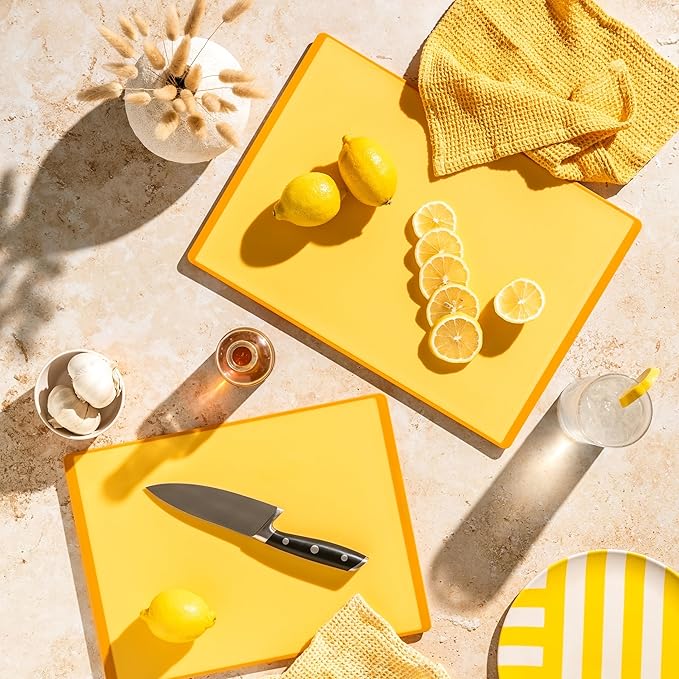 SMIRLY Plastic Cutting Board Set with Holder 4 Pieces, Non-Slip Dishwasher Safe Chopping Boards for Kitchen, Yellow