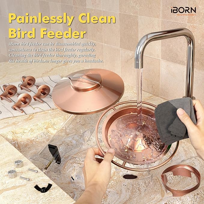 iBorn Bird Feeders for Outdoors, 2LB Metal Bird Feeders 17cm Large Roof &Tray, 4 Feeding Ports, Brushed Copper Finishing
