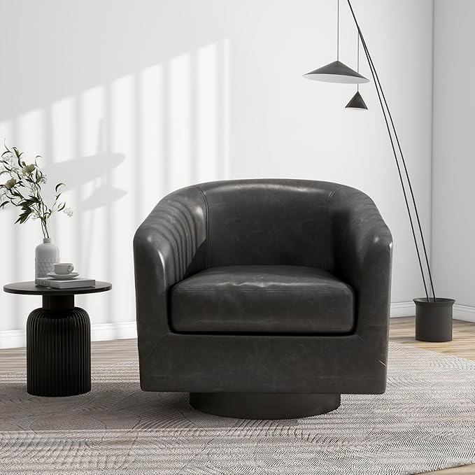 Swivel Barrel Accent Chair, Modern Round Faux Leather Arm Chair for Living Room, Bedroom, Comfy Club Reading Chairs for Adults(Faux Leather, Black Grey, Set of 4)