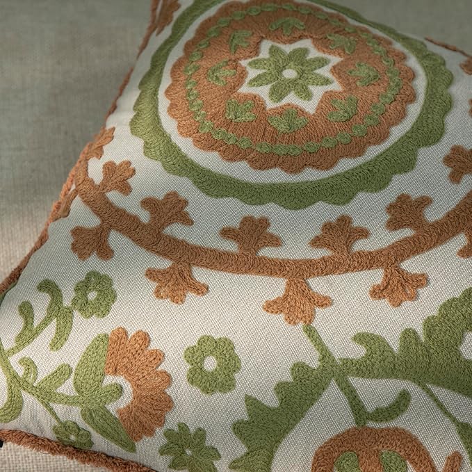Embroidered Mandala Floral Vintage Indian Cotton Decorative Embroidery Throw Pillow Covers, Fringes Lace Cushion Cover, Pillow Case for Sofa Couch Bed Chair 18" x 18"