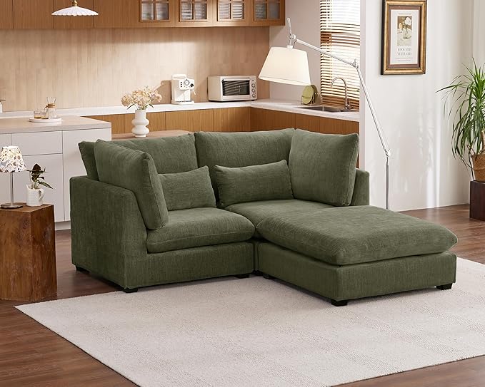 Oversized Modular Sofa, Extra Deep Cloud Corduroy Sectional Couch with Ottoman Chaise, Fluffy Chenille L-Shaped Sofas for Living Room, Villa (Loveseat+Ottoman, Chenille Green)