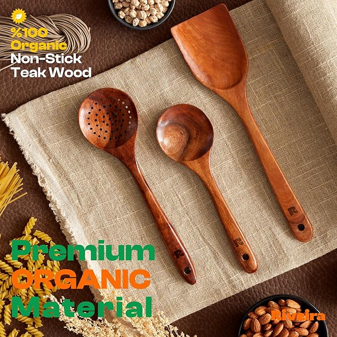Riveira Set of 3 Dark Teak Spoons for Cooking - Wooden Kitchen Utensil Set - Non-Toxic Cooking Utensils - Wooden Spatula for Cooking - Teak Wood Utensils for Non-Stick Cookware