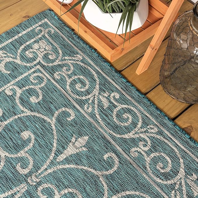 JONATHAN Y Vintage Filigree Indoor Outdoor Runner Rug 2X10 Teal/Gray, Charleston Textured Weave for Backyard, Patio, Porch, Easy-Cleaning, High Traffic, Pet-Friendly, Non-Shedding (SMB106F-210)