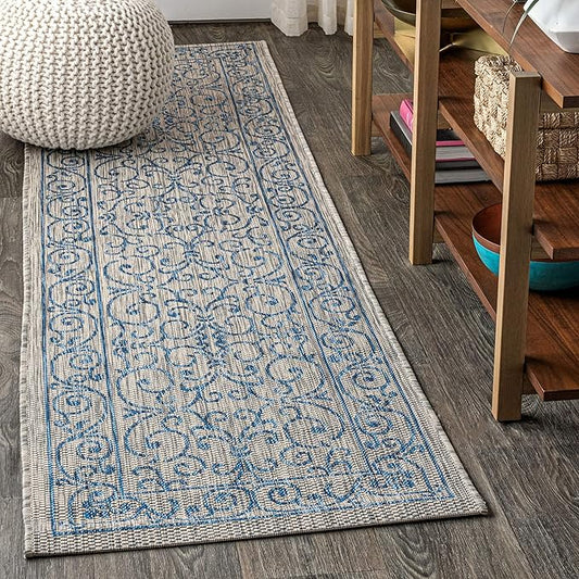 JONATHAN Y Vintage Filigree Indoor Outdoor Runner Rug 2X10 Gray/Navy, Charleston Textured Weave for Backyard, Patio, Porch, Easy-Cleaning, High Traffic, Pet-Friendly, Non-Shedding (SMB106C-210)