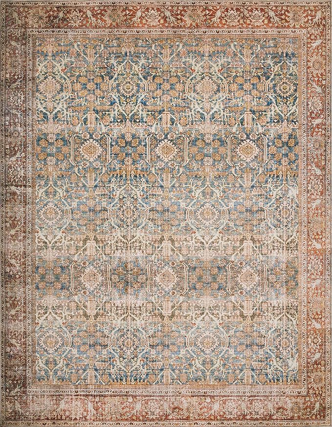 Loloi Layla Collection LAY-04 Ocean/Rust 2'-0" x 5'-0" .13" Thick Accent Rug, Soft, Durable, Vintage Inspired, Distressed, Low Pile, Non-Shedding, Easy Clean, Printed, Living Room Rug