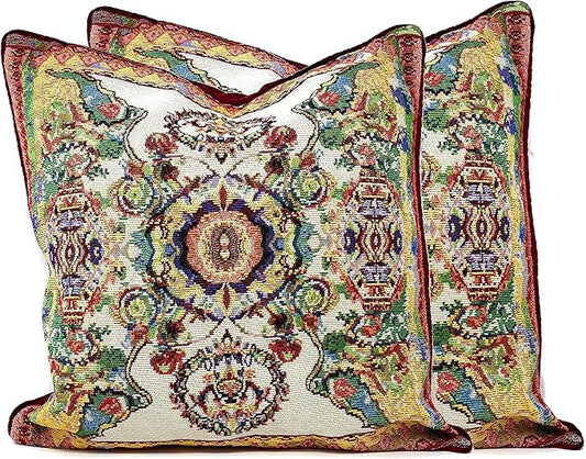 Tache Rococo Elegant Ornate Ivory Colorful Paisley Cotton Linen 18x18 Tapestry Woven Cushion Throw Pillow Cover 2 Pieces