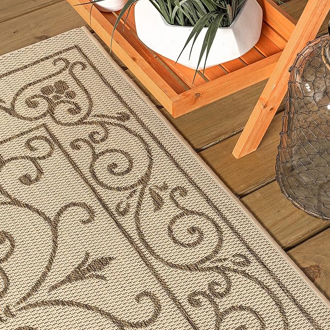 JONATHAN Y Vintage Filigree Indoor Outdoor Runner Rug 2X10 Beige/Brown, Charleston Textured Weave for Backyard, Patio, Porch, Easy-Cleaning, High Traffic, Pet-Friendly, Non-Shedding (SMB106A-210)