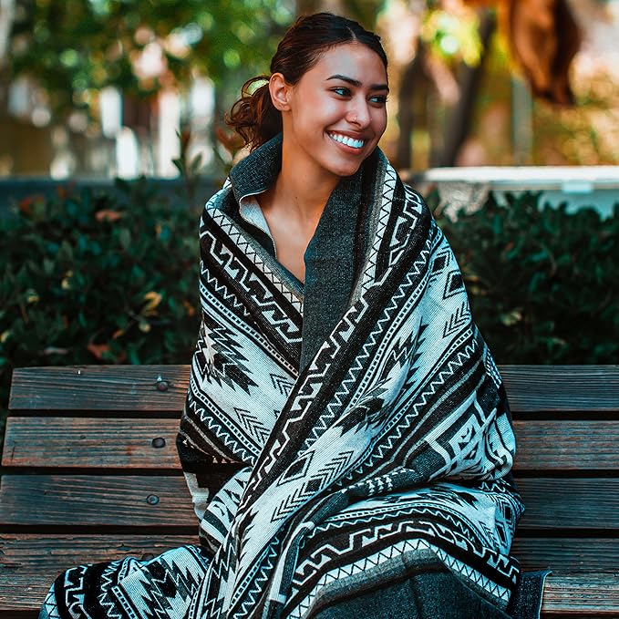 Inca Aztec Throw, Queen, King Blanket | Southwest Indian Navajo Boho Style | Native Cover for Camping, Bedding, Couch, Vanlife | Faux Alpaca, Lightweight, Hypoallergenic (Cotopaxi Slate, Throw)