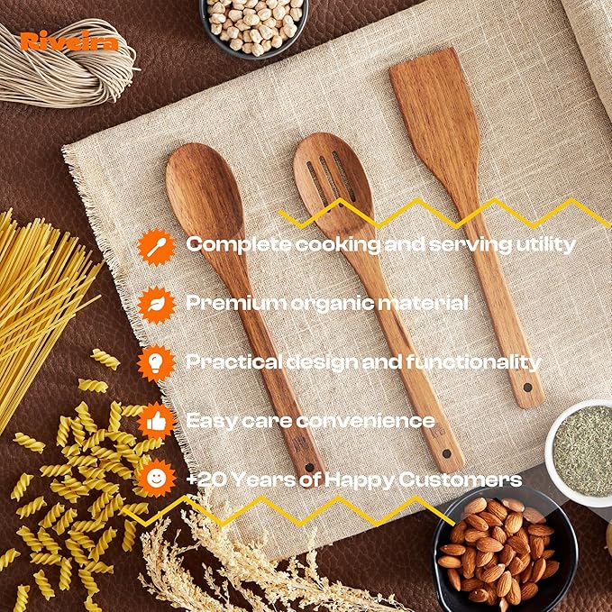 Riveira Teak Wooden Spoons for Cooking Set of 3 – Natural Teak Wooden Cooking Utensils, Wooden Spatula, Wooden Spoon - Premium Quality Wooden Utensil Set for Non-Toxic Cooking