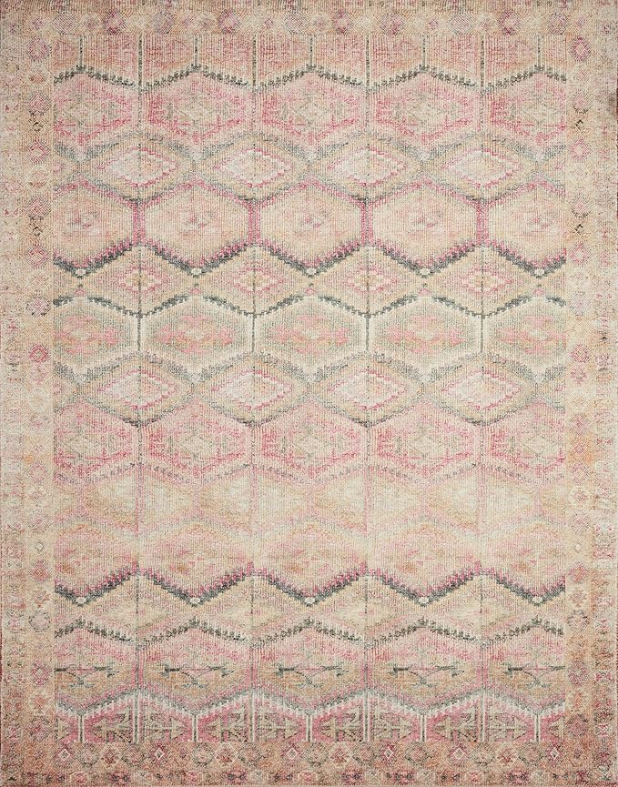 Loloi Layla Collection LAY-17 Pink/Lagoon 2'-6" x 9'-6" .13" Thick Runner Rug, Soft, Durable, Vintage Inspired, Distressed, Low Pile, Non-Shedding, Easy Clean, Printed, Living Room Rug