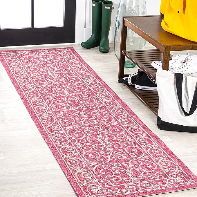 JONATHAN Y Vintage Filigree Indoor Outdoor Runner Rug 2X8 Fuchsia/Light Gray, Charleston Textured Weave for Backyard, Patio, Porch, Easy-Cleaning, Pet-Friendly, Non-Shedding (SMB106J-28)
