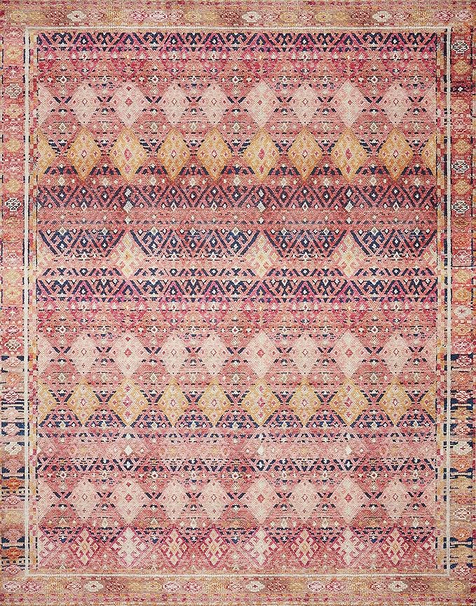 Loloi Layla Collection LAY-15 Magenta/Multi 2'-0" x 5'-0" .13" Thick Accent Rug, Soft, Durable, Vintage Inspired, Distressed, Low Pile, Non-Shedding, Easy Clean, Printed, Living Room Rug
