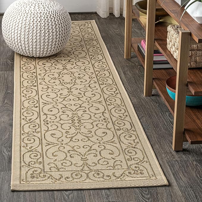 JONATHAN Y Vintage Filigree Indoor Outdoor Runner Rug 2X10 Beige/Brown, Charleston Textured Weave for Backyard, Patio, Porch, Easy-Cleaning, High Traffic, Pet-Friendly, Non-Shedding (SMB106A-210)