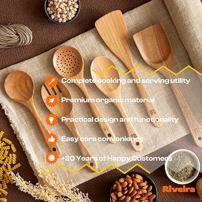 Riveira's 6-Piece Kitchen Essentials - Wooden Spoons for Cooking and Comprehensive Cooking Utensils Set