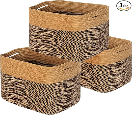 MINTWOOD Design 3-Pack Storage Baskets for Shelves, Decorative Baskets for Organizing, Woven Baskets for Storage, Book Basket Cube Storage Bin Box, Pantry Closet and Shoe Organizers, Black Jute