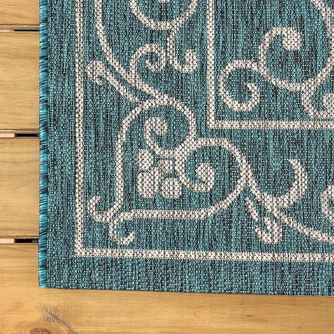 JONATHAN Y Vintage Filigree Indoor Outdoor Runner Rug 2X10 Teal/Gray, Charleston Textured Weave for Backyard, Patio, Porch, Easy-Cleaning, High Traffic, Pet-Friendly, Non-Shedding (SMB106F-210)