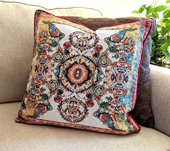 Tache Rococo Elegant Ornate Ivory Colorful Paisley Cotton Linen 18x18 Tapestry Woven Cushion Throw Pillow Cover 2 Pieces