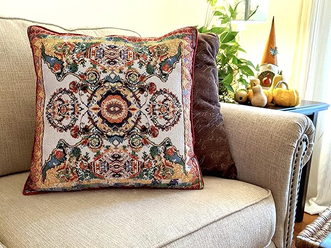 Tache Rococo Elegant Ornate Ivory Colorful Paisley Cotton Linen 18x18 Tapestry Woven Cushion Throw Pillow Cover 2 Pieces