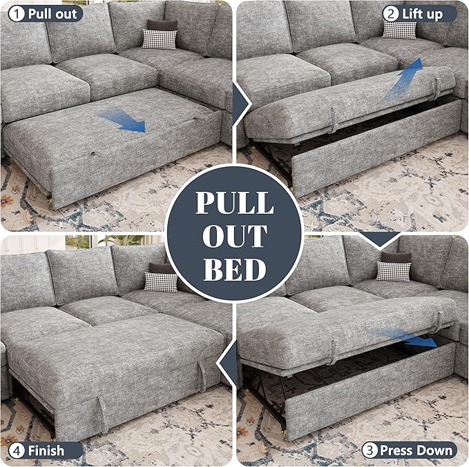 85 Inch Modular Sectional Sofa with Pull Out Bed,L Shaped 5 Seat Sectional Sleeper Sofa with Storage,Sectional Couches for Living Room,Cloud Modular Couch,Removable Sofa Cover,Light Gray