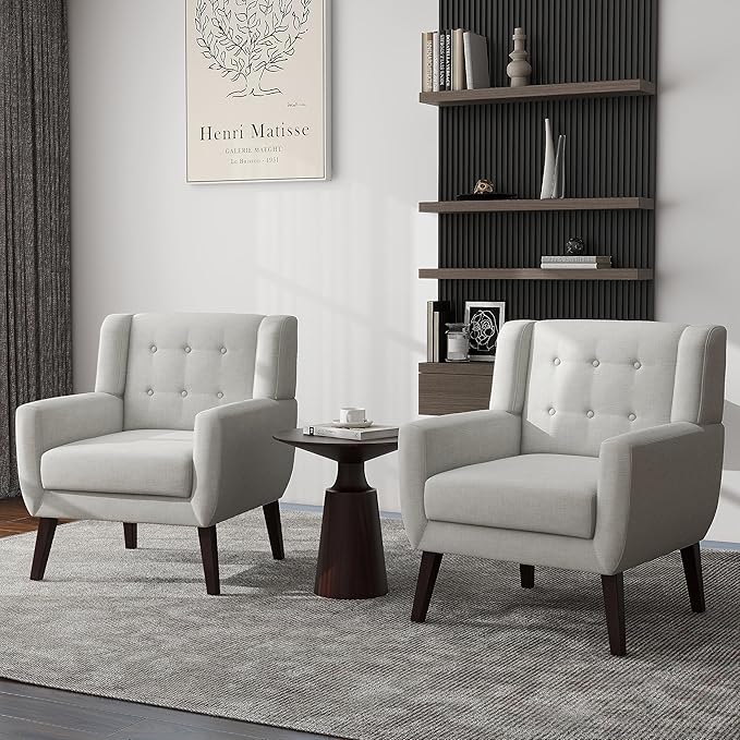 UIXE Accent Chair, Modern Upholstered Armchair in Fabric for Living Room, Comfy Club Arm Chairs Single Sofa Button Tufted Bedroom Reading Seat - Beige, Set of 4