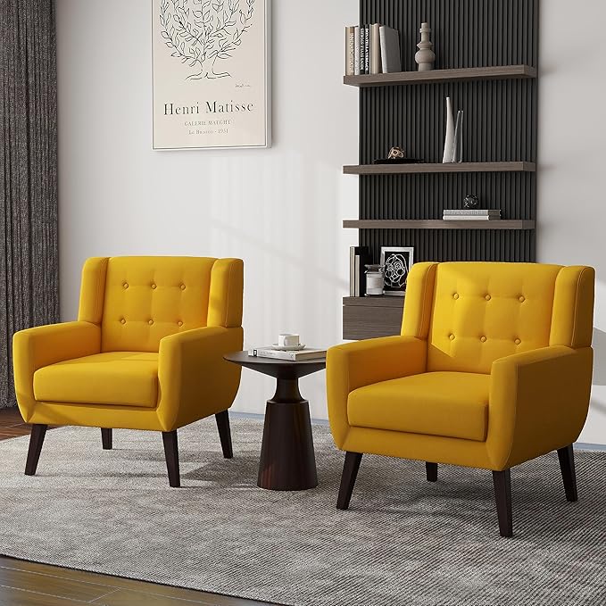 UIXE Accent Chair, Modern Upholstered Armchair in Fabric for Living Room, Comfy Club Arm Chairs Single Sofa Button Tufted Bedroom Reading Seat - Yellow, Set of 1