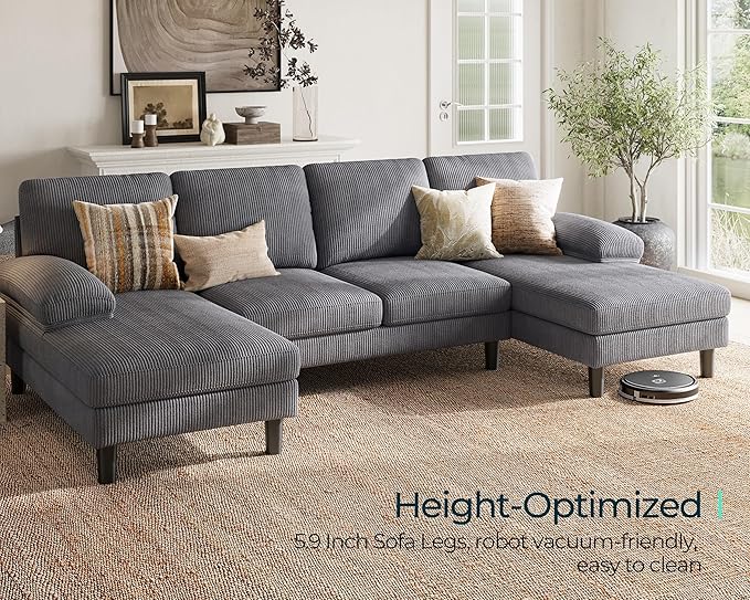 LINSY HOME Sectional Couch, 111'' W Corduroy U Shaped Sofa with Sleepable Armrests, 4 Seat Couch with Double Chaises, Deep Sofa for Living Room, Grey
